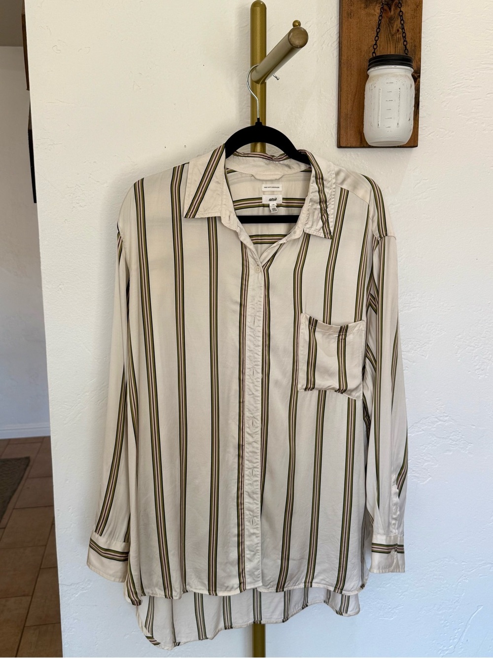 Aerie Women’s Cream Striped Button-Up Shirt - Classic Collared Long Sleeve